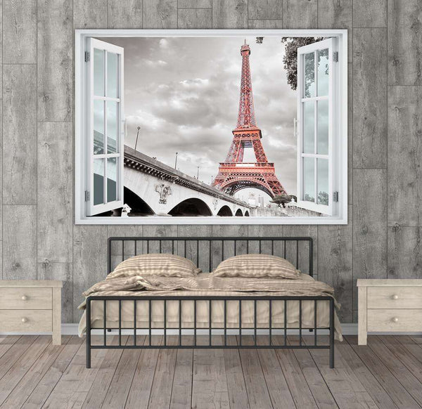 Wall sticker, Window overlooking the Eiffel Tower black and white