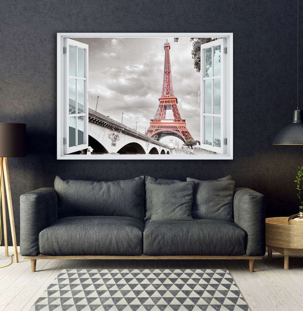 Wall sticker, Window overlooking the Eiffel Tower black and white