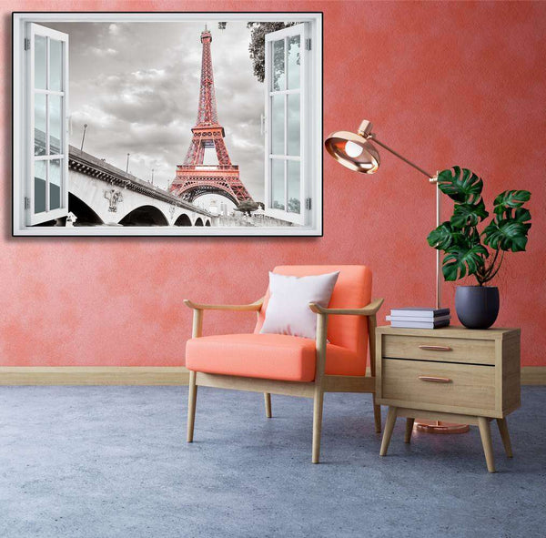 Wall sticker, Window overlooking the Eiffel Tower black and white