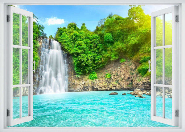Wall sticker, Window overlooking the cascade surrounded by green trees